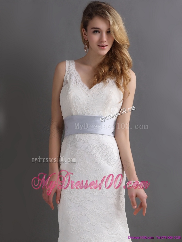 2016 Classical V Neck Lace and Sash Wedding Dress
