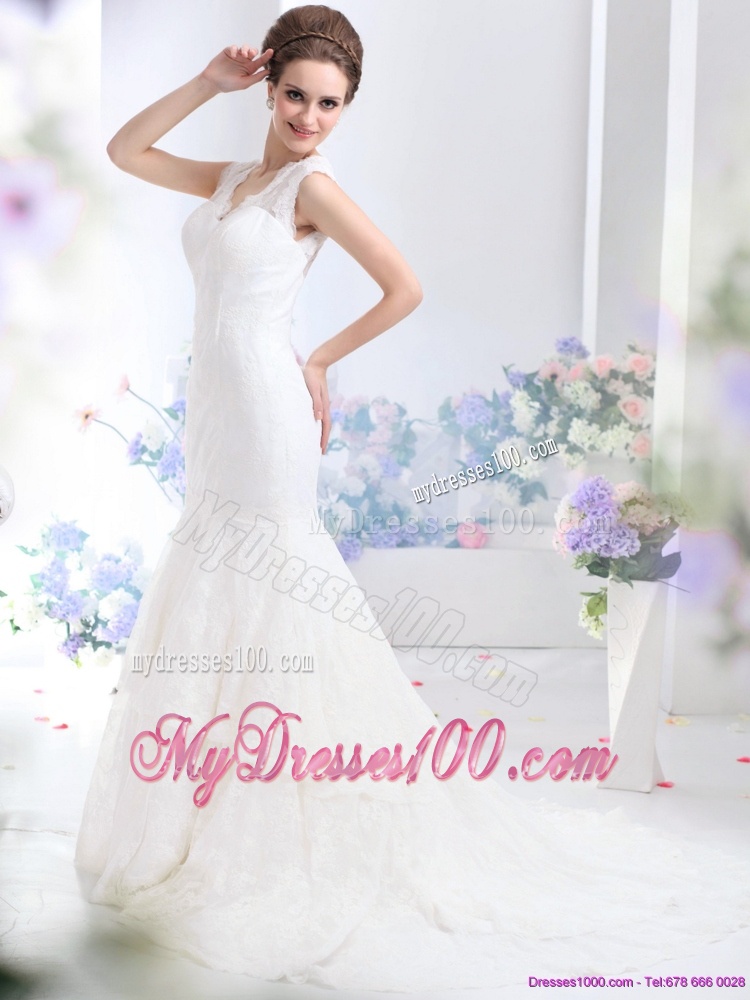 2016 Gorgeous Lace White Wedding Dresses with Brush Train