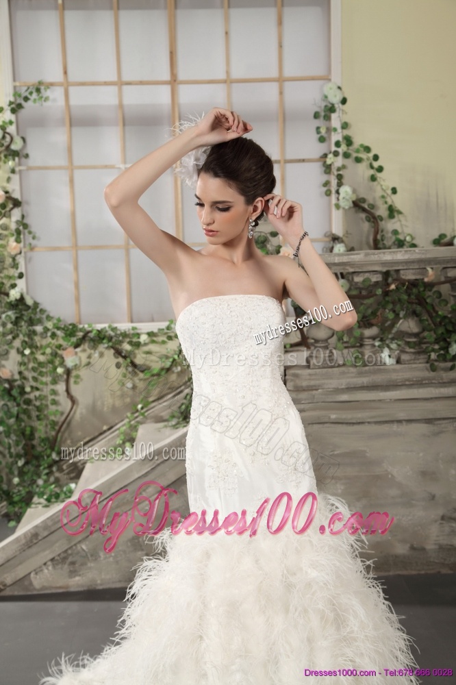 2016 New Style Strapless Wedding Dress with Lace and Feather