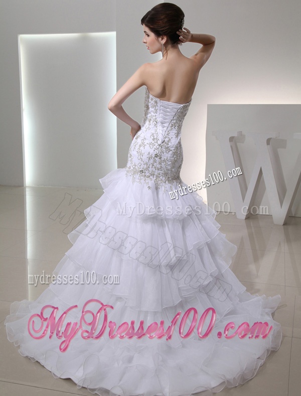 2016 Popular Mermaid Sweetheart Ruffled Layers Wedding Dress with Lace