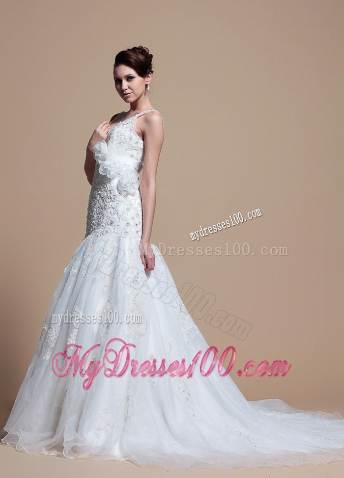 2016 Romantic A Line V Neck Wedding Dresses with Hand Made Flowers