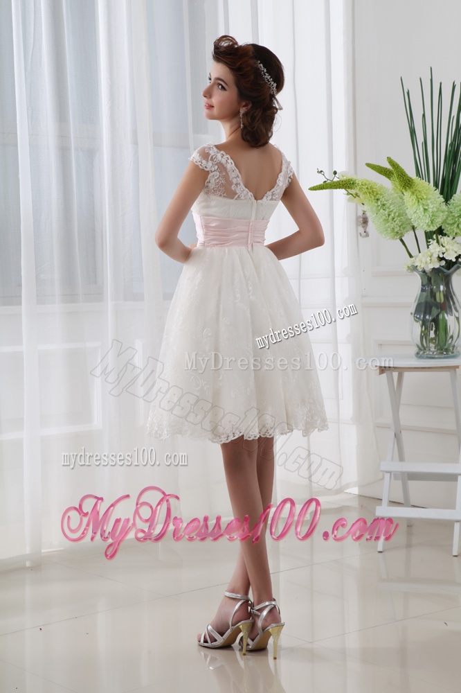 2016 Short A-line Straps Knee-length Wedding Dress with Lace and Belt