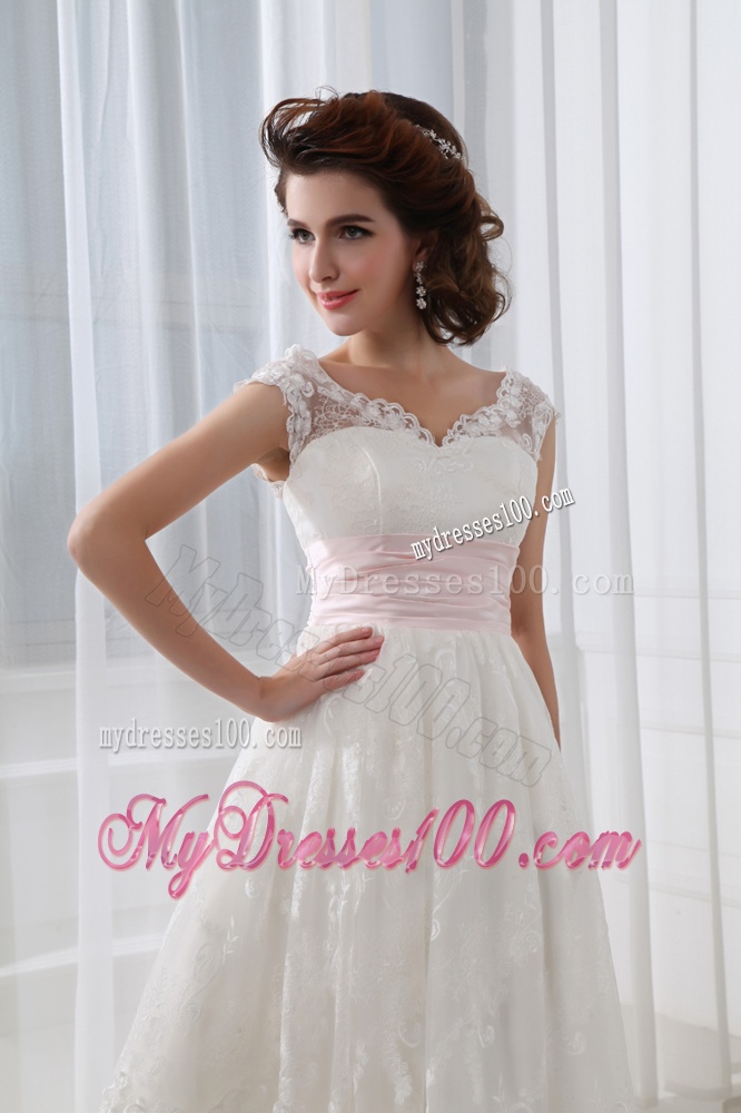 2016 Short A-line Straps Knee-length Wedding Dress with Lace and Belt