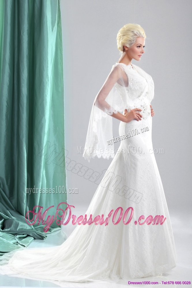2016 Unique Beading White Wedding Dresses with Brush Train