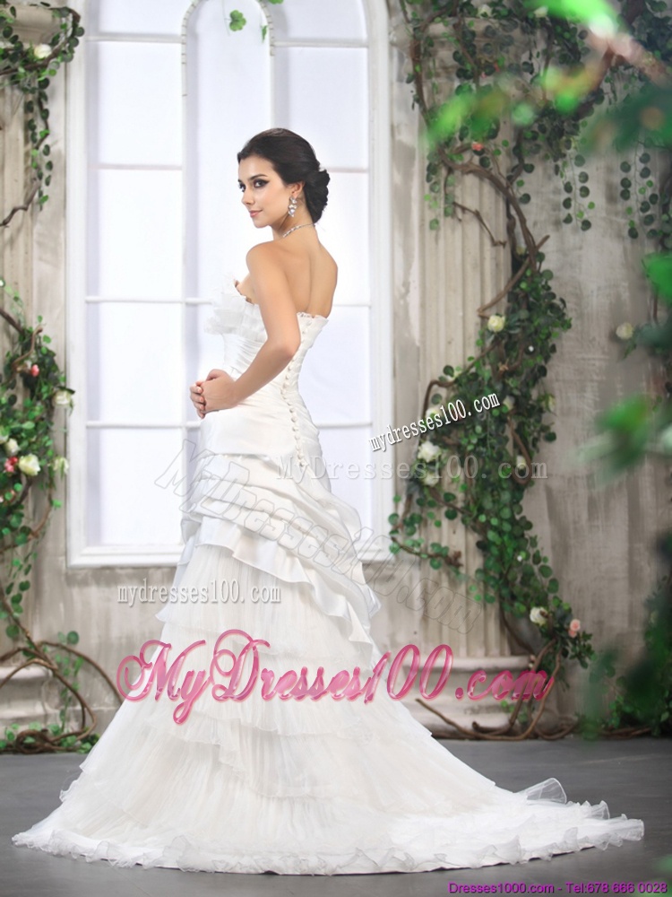 2016 Unique Ruffled Layers White Wedding Dresses with Brush Train