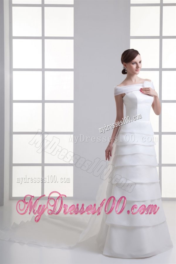 A-Line Off The Shoulder Organza Wedding Dress with Watteau Train