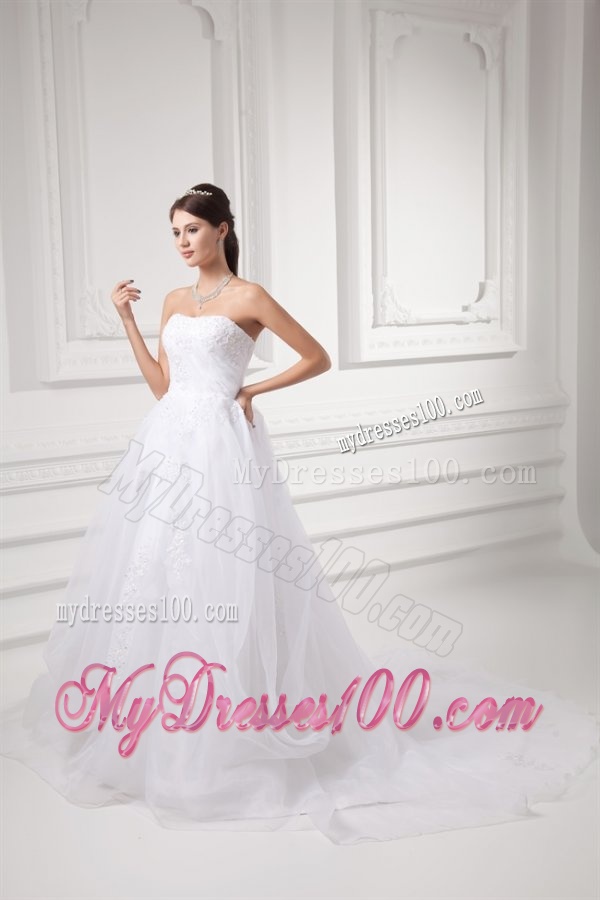 A-line Strapless Appliques Pick-ups Organza Chapel Train Wedding Dress