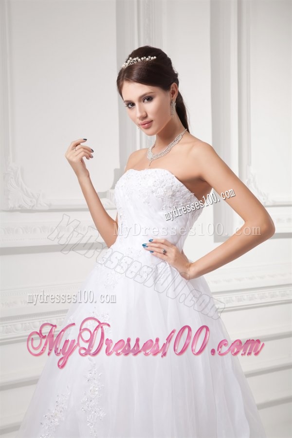 A-line Strapless Appliques Pick-ups Organza Chapel Train Wedding Dress