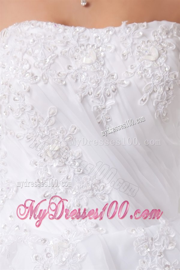 A-line Strapless Appliques Pick-ups Organza Chapel Train Wedding Dress
