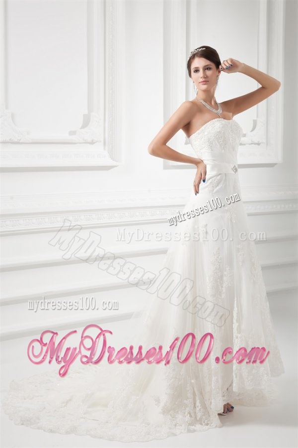 A-line Strapless Beading and Lace Court Train Wedding Dress
