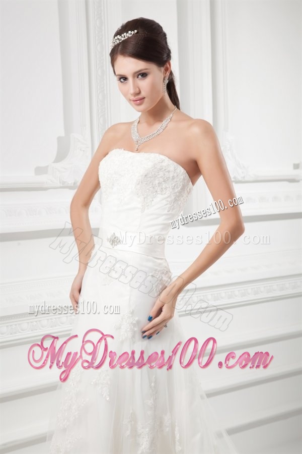 A-line Strapless Beading and Lace Court Train Wedding Dress
