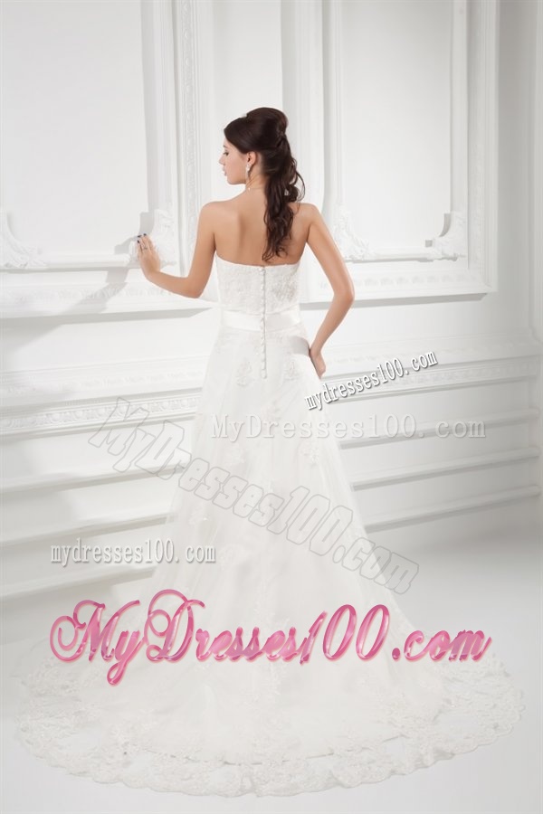 A-line Strapless Beading and Lace Court Train Wedding Dress