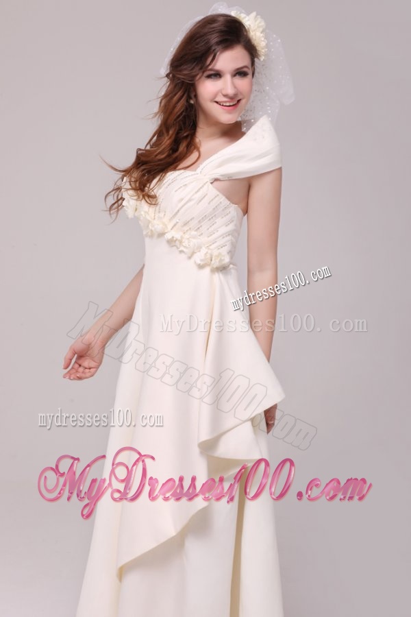 A-line Strapless Hand Made Flowers and Beading Wedding Dress