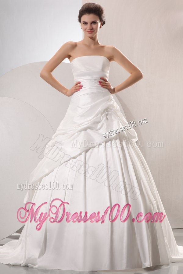 A-line Strapless Taffeta Court Train Wedding Dress with Pick-ups