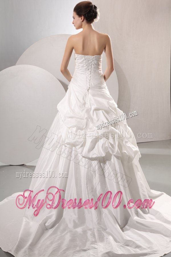 A-line Strapless Taffeta Court Train Wedding Dress with Pick-ups
