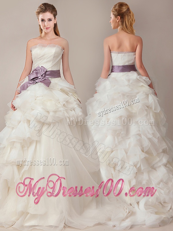 Ball Gown Strapless Sophisticated Ruffled and Sashed Wedding Dresses with Brush Train