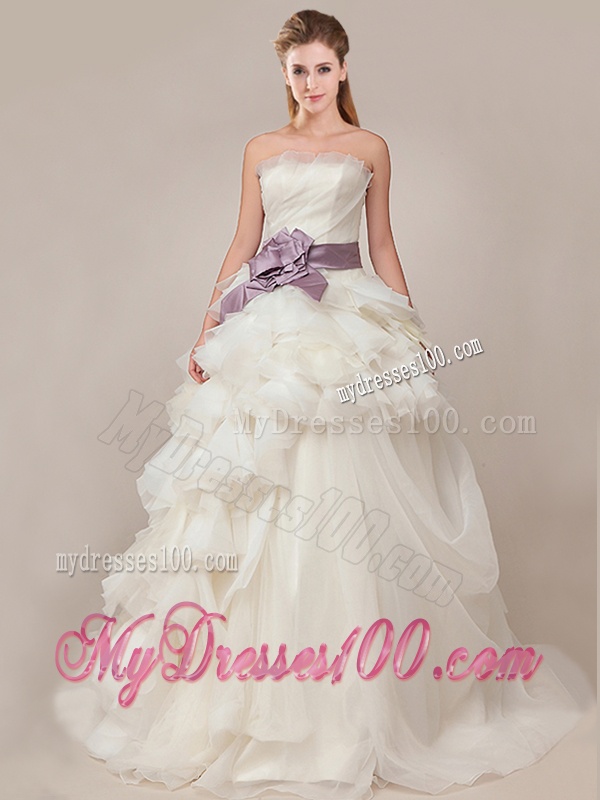Ball Gown Strapless Sophisticated Ruffled and Sashed Wedding Dresses with Brush Train