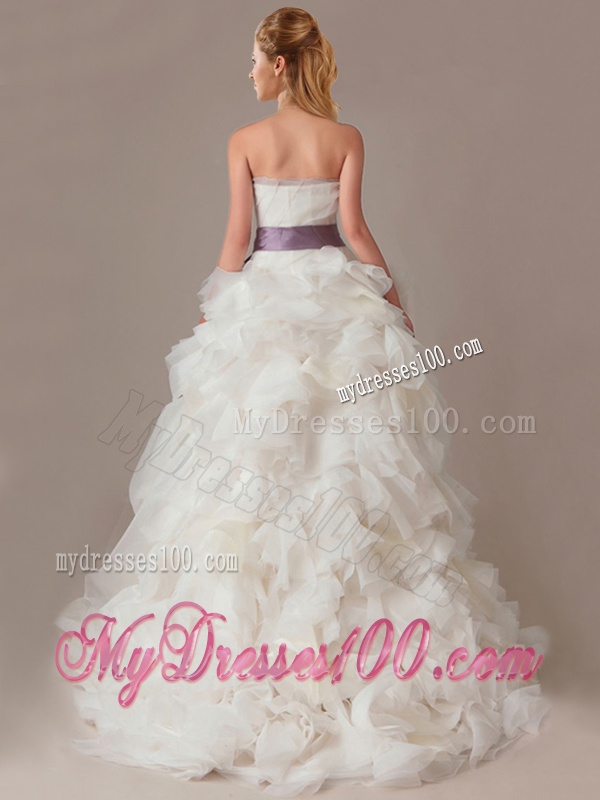 Ball Gown Strapless Sophisticated Ruffled and Sashed Wedding Dresses with Brush Train