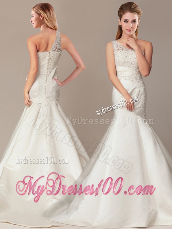 Beaded Decorate Shoulder Mermaid Wedding Dresses with Court Train
