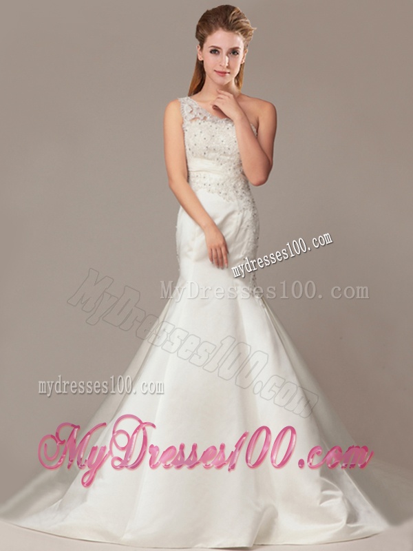 Beaded Decorate Shoulder Mermaid Wedding Dresses with Court Train