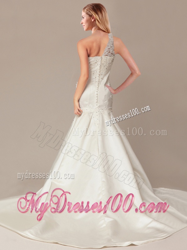 Beaded Decorate Shoulder Mermaid Wedding Dresses with Court Train