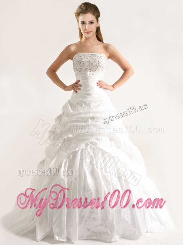 Beautiful A Line Beaded and Ruffled Wedding Dresses with Taffeta