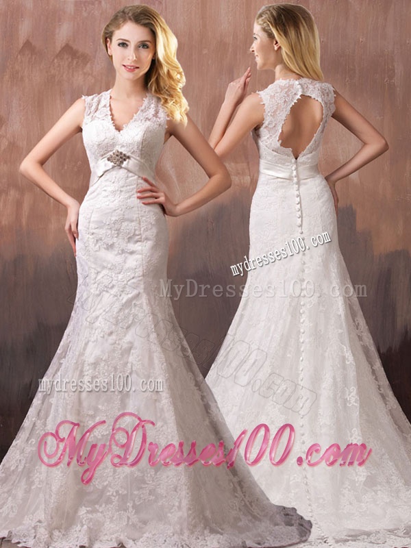 Classical Mermind V Neck Lace and Sashes Wedding Dresses with Shade Back
