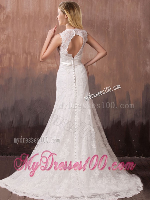 Classical Mermind V Neck Lace and Sashes Wedding Dresses with Shade Back