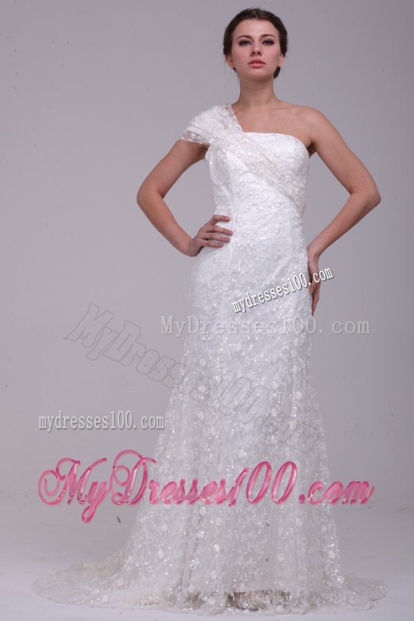 Column One Shoulder Lace Floor-length Paillette Wedding Dress with Side Zipper