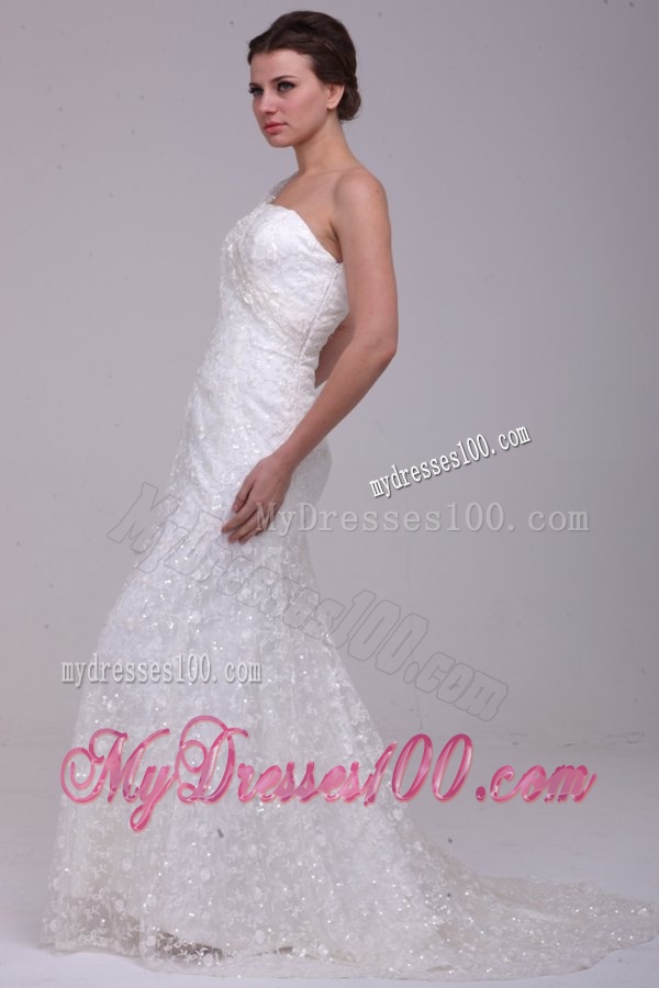 Column One Shoulder Lace Floor-length Paillette Wedding Dress with Side Zipper