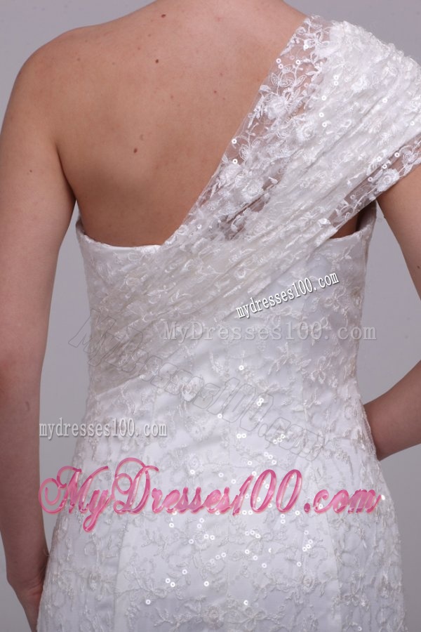 Column One Shoulder Lace Floor-length Paillette Wedding Dress with Side Zipper