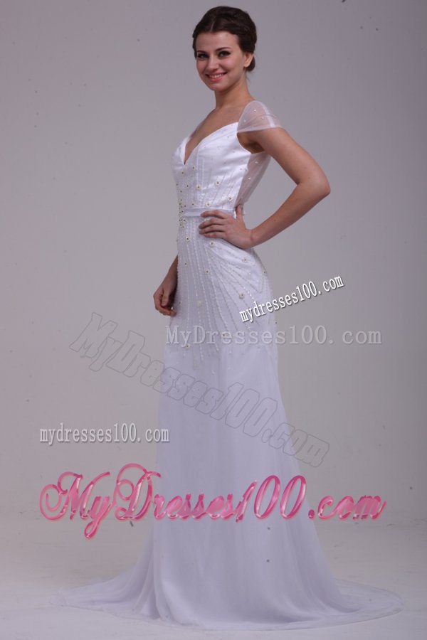 Column V-Neck Beading Brush Train Chiffon Wedding Dress
