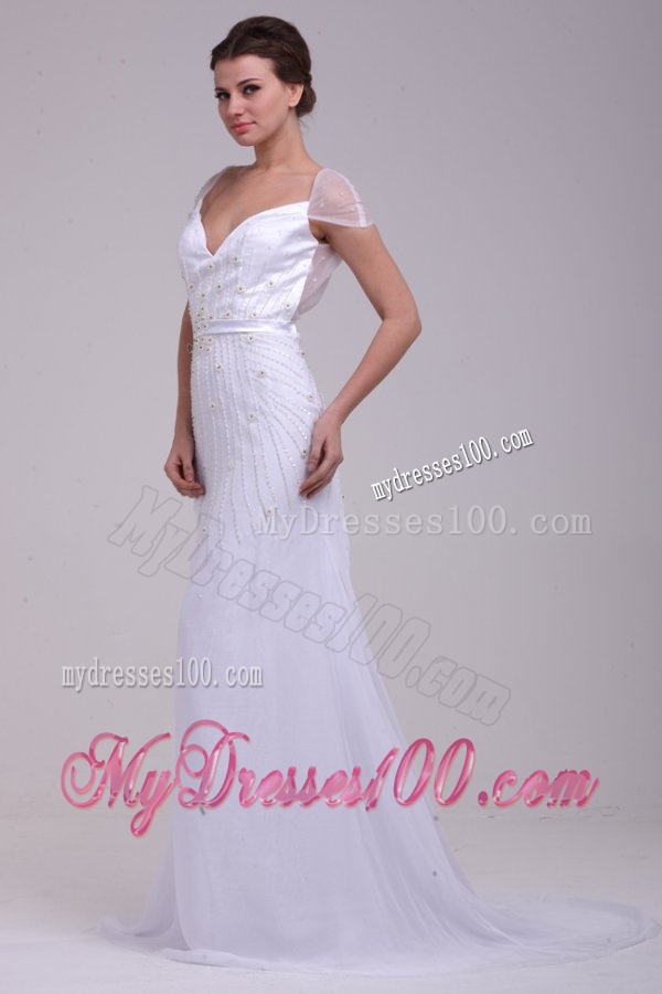 Column V-Neck Beading Brush Train Chiffon Wedding Dress