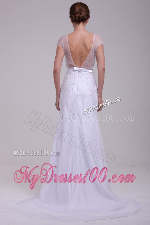 Column V-Neck Beading Brush Train Chiffon Wedding Dress