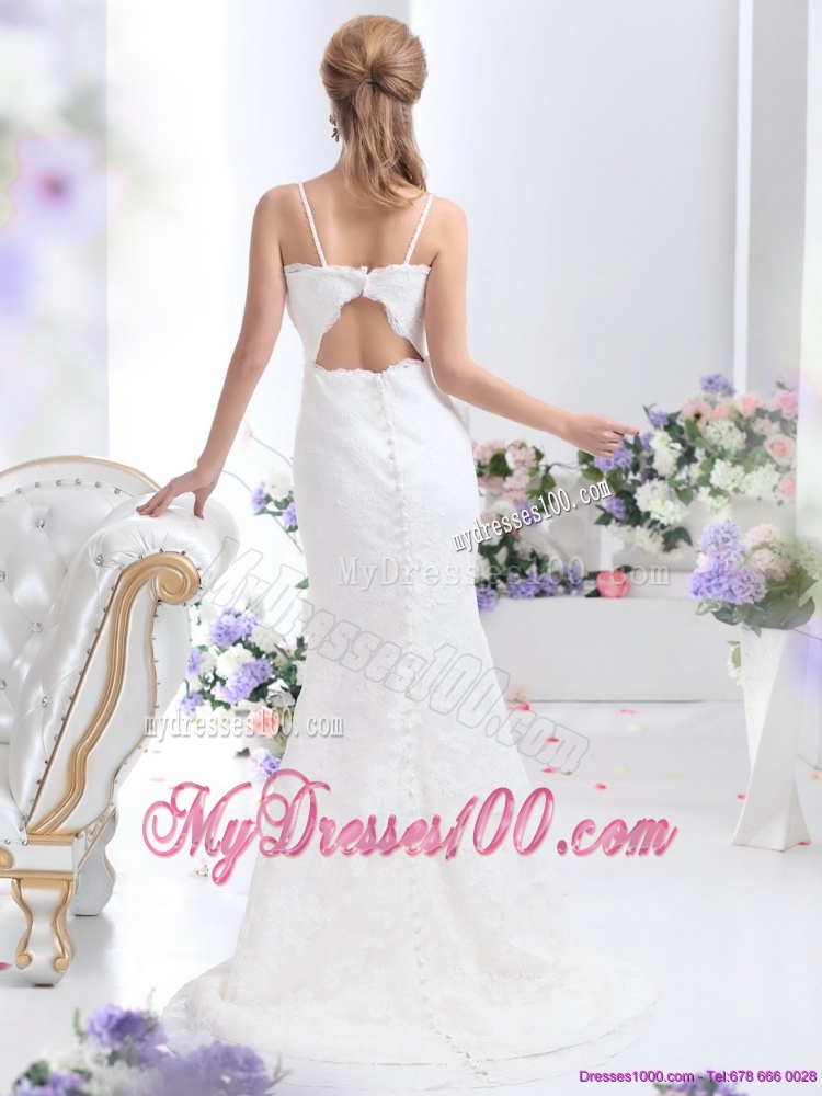 Discount White Column Lace Wedding Dresses with Brush Train and Hand Made Flower