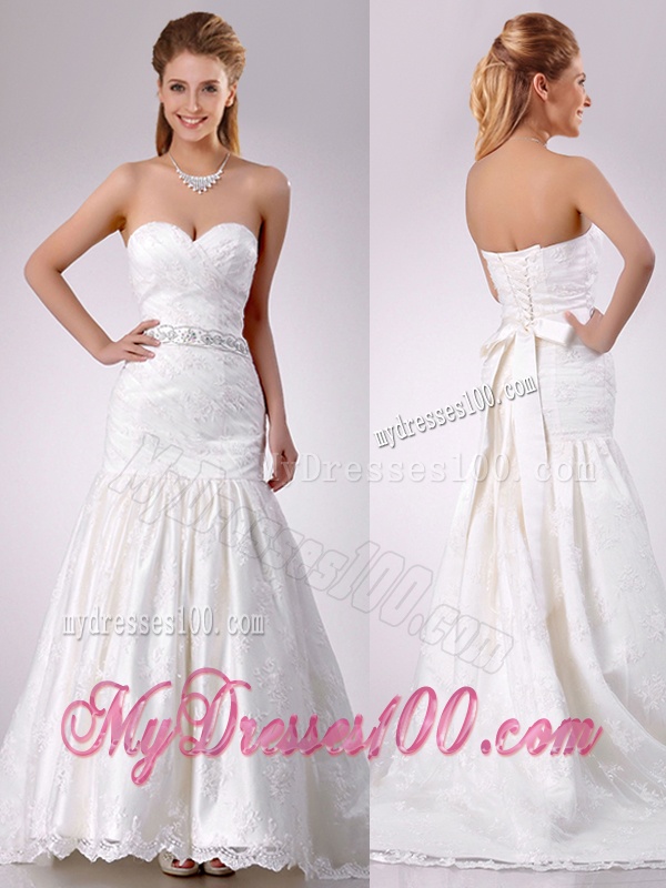 Elegant Mermaid Beaded and Bowknot Laced Wedding Dress with Brush Train