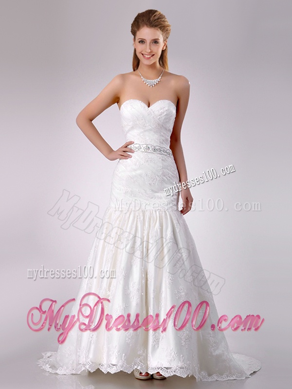 Elegant Mermaid Beaded and Bowknot Laced Wedding Dress with Brush Train