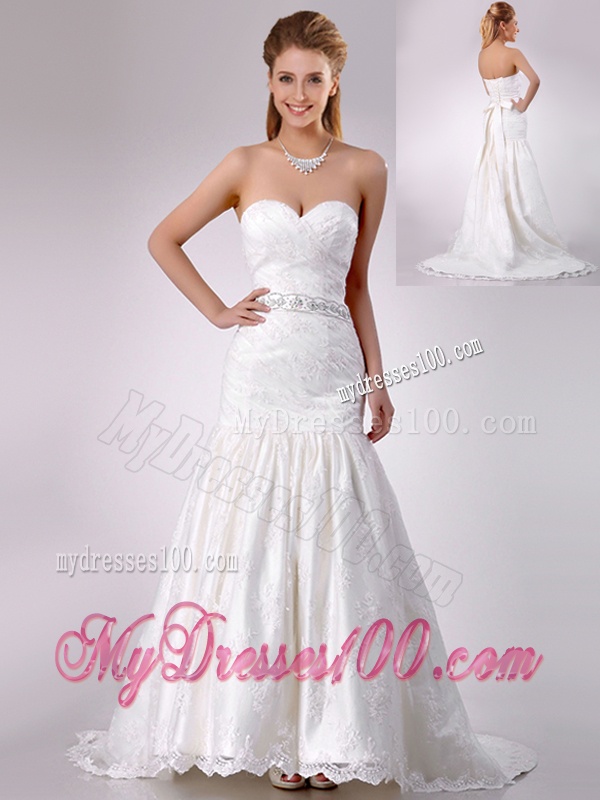 Elegant Mermaid Beaded and Bowknot Laced Wedding Dress with Brush Train