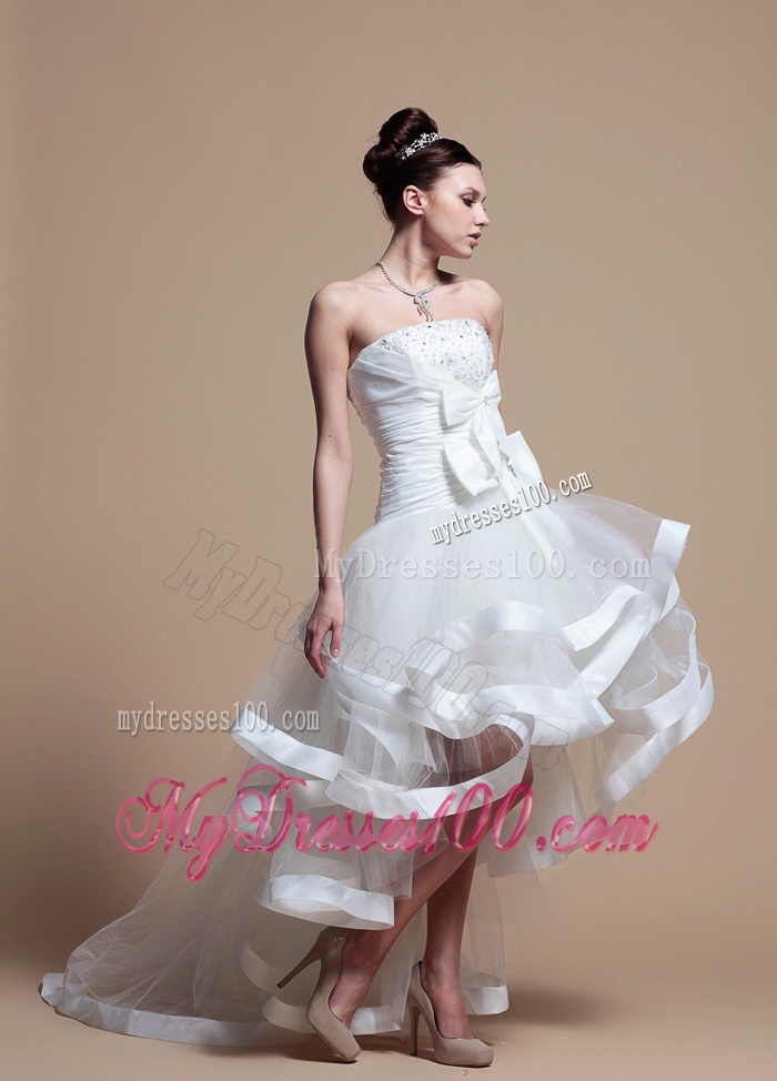 Elegant Strapless High Low Wedding Dresses with Bowknot