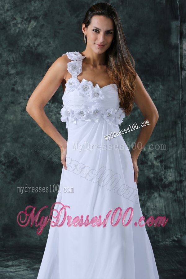 Empire One Shoulder Brush Train Hand Made Flower Zipper Up Chiffon Wedding Dress