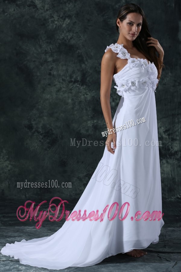 Empire One Shoulder Brush Train Hand Made Flower Zipper Up Chiffon Wedding Dress
