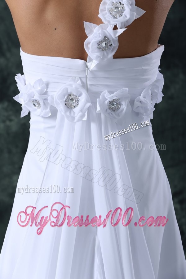 Empire One Shoulder Brush Train Hand Made Flower Zipper Up Chiffon Wedding Dress