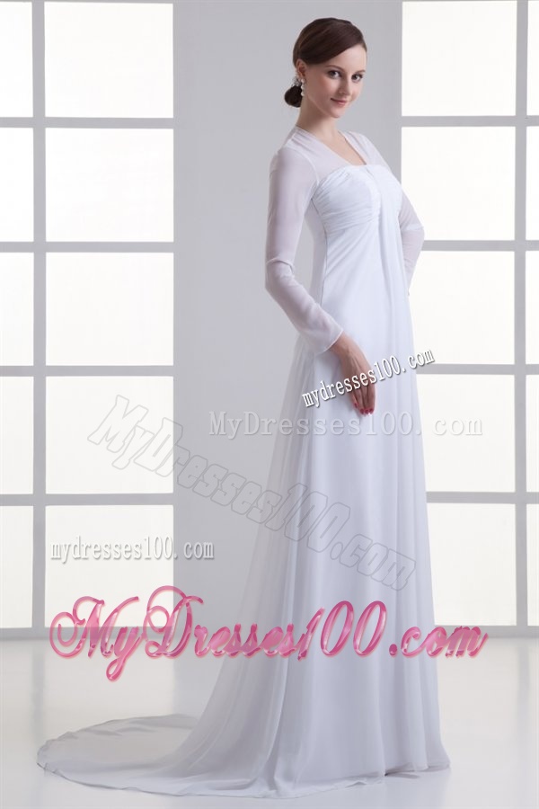 Empire Square Long Sleeves Brush Train Chiffon Wedding Dress