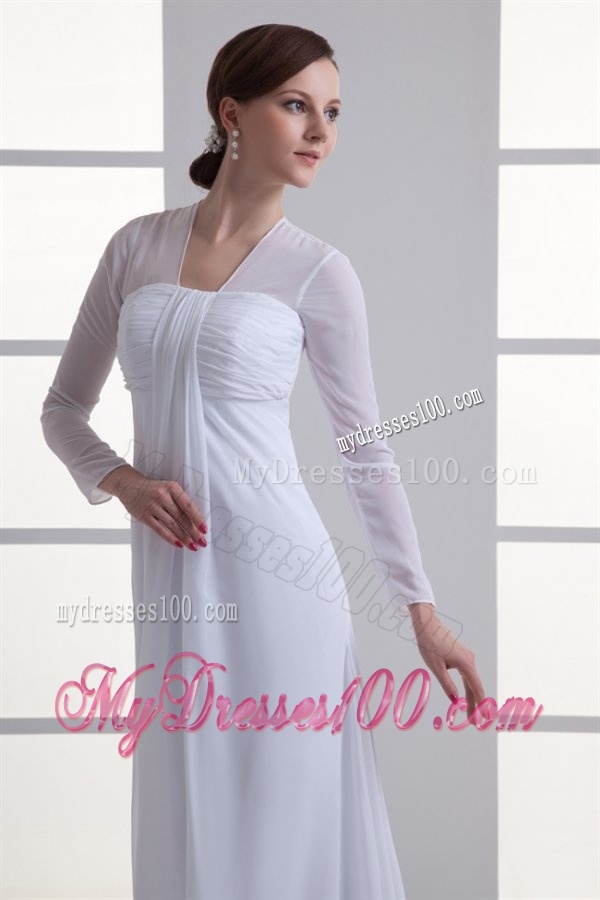 Empire Square Long Sleeves Brush Train Chiffon Wedding Dress