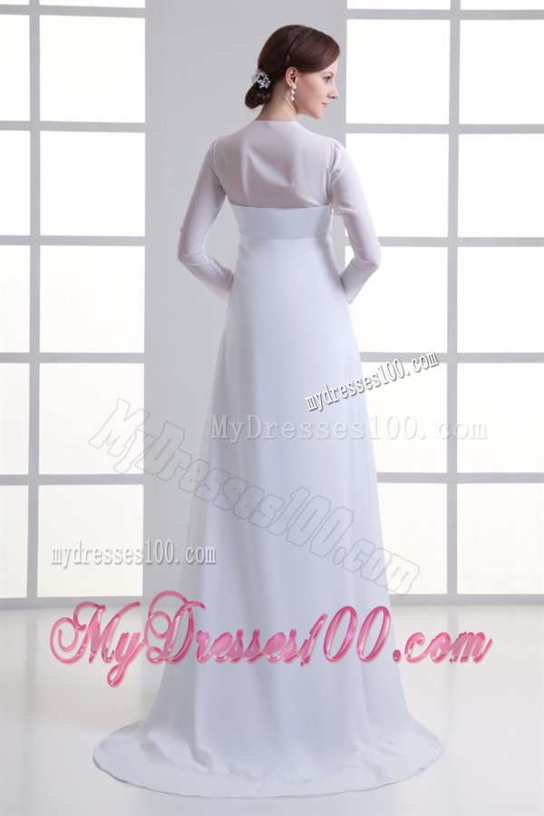 Empire Square Long Sleeves Brush Train Chiffon Wedding Dress