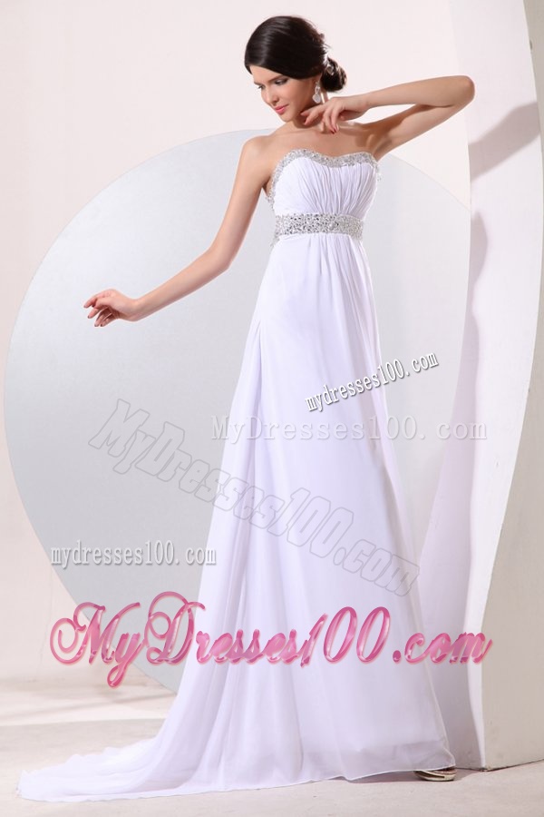 Empire Strapless Beading Chiffon Ruching Brush Train Wedding Dress