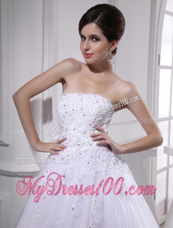 Exquisite A-line Beading and Appliques Chapel Train Wedding Dress with Strapless