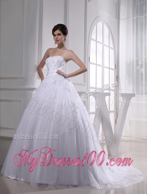 Exquisite A-line Beading and Appliques Chapel Train Wedding Dress with Strapless