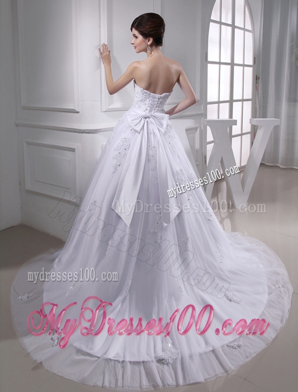 Exquisite A-line Beading and Appliques Chapel Train Wedding Dress with Strapless