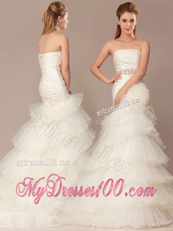 Exquisite Mermaid Beading and Ruffles Layers Wedding Dresses with Brush Train